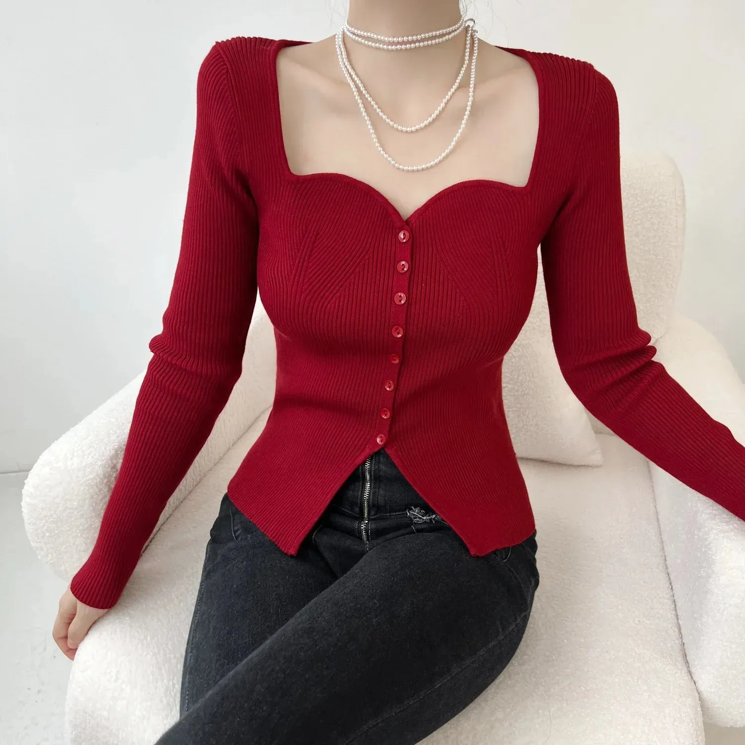 Wenkouban-Christmas Thanksgiving outfits_Vintage Long Sleeve Square Collar Slim Fashion Red Christmas Sweater