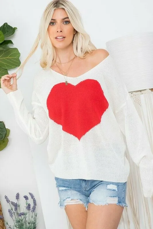 White Red Heart Knit V-Neck Valentines Day Long Sleeve Relaxed Sweater