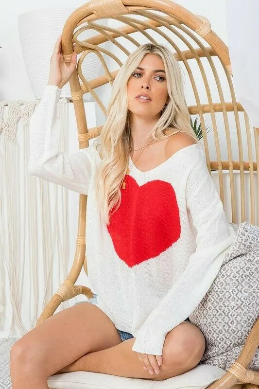 White Red Heart Knit V-Neck Valentines Day Long Sleeve Relaxed Sweater