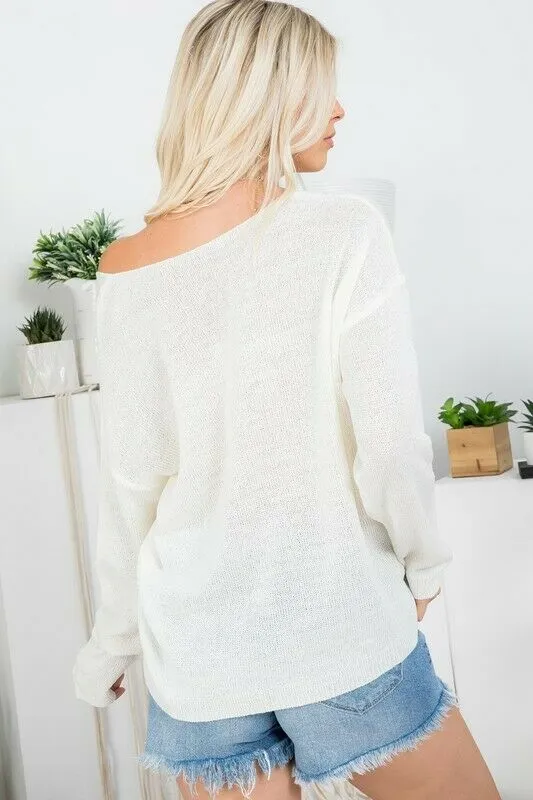 White Red Heart Knit V-Neck Valentines Day Long Sleeve Relaxed Sweater