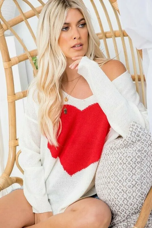 White Red Heart Knit V-Neck Valentines Day Long Sleeve Relaxed Sweater