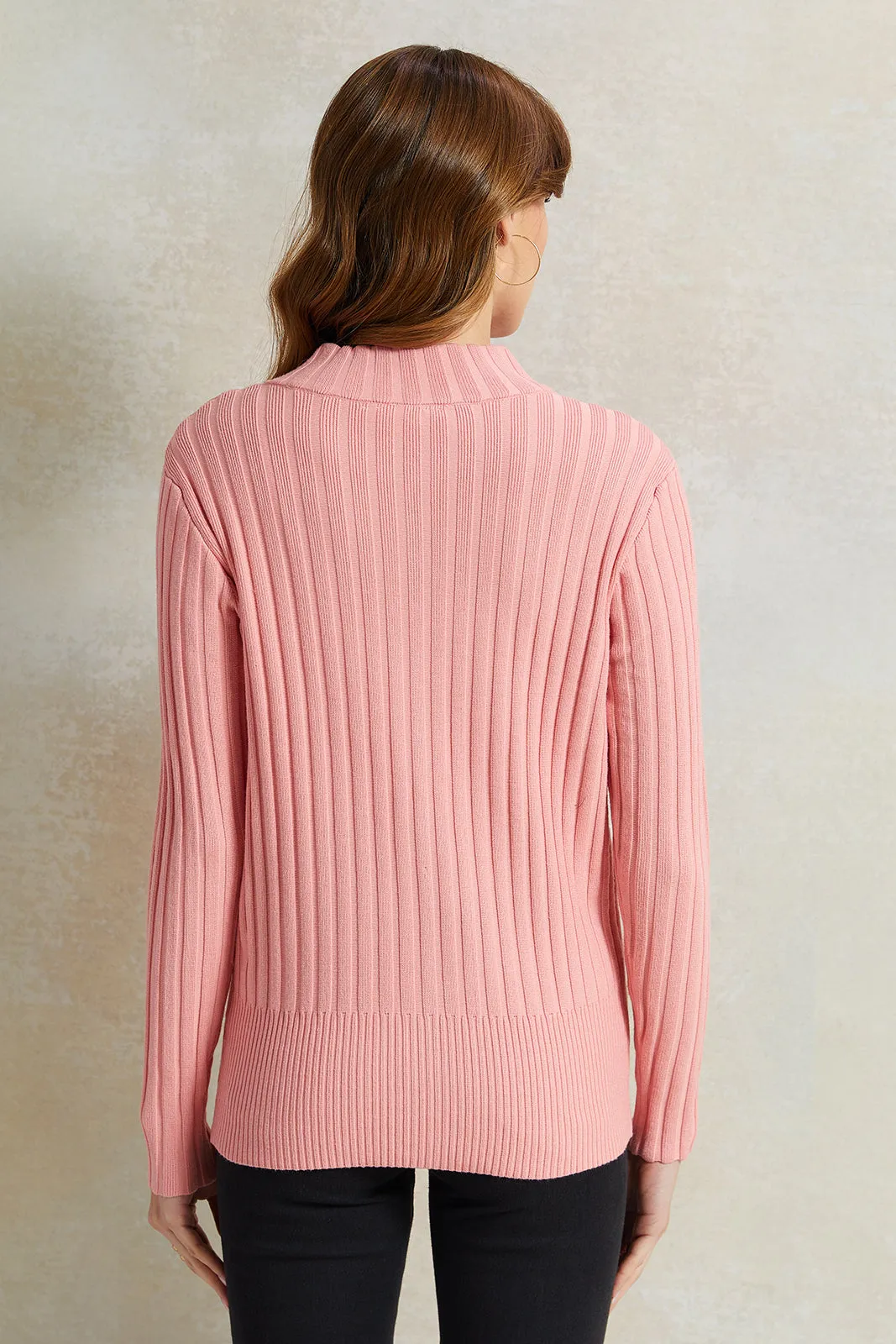 Women Pink Ribbed Pullover