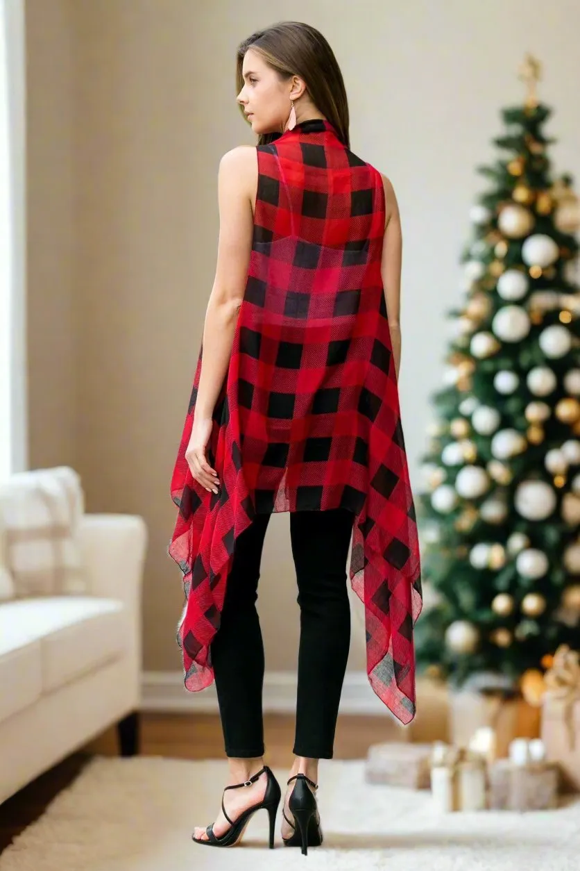 Womens Christmas Cardigan, Red Plaid Kimono Duster, Sleeveless Vest, One Size, Red/Back