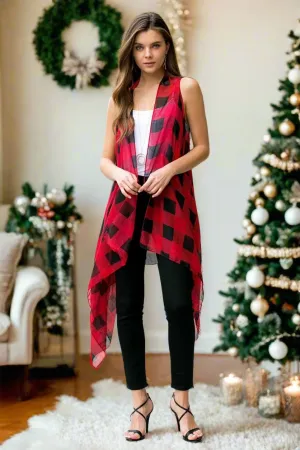 Womens Christmas Cardigan, Red Plaid Kimono Duster, Sleeveless Vest, One Size, Red/Back