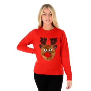 Womens Furry Reindeer Christmas Jumper Red Pom Pom Nose