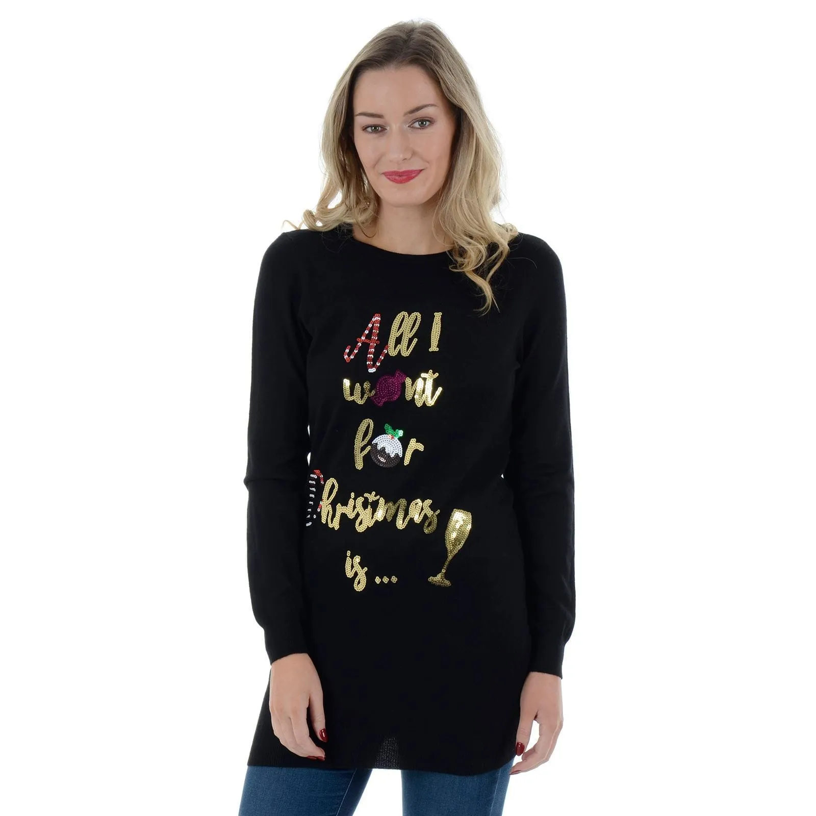 Womens Novelty Sequin All I Want For Christmas Tunic Jumper