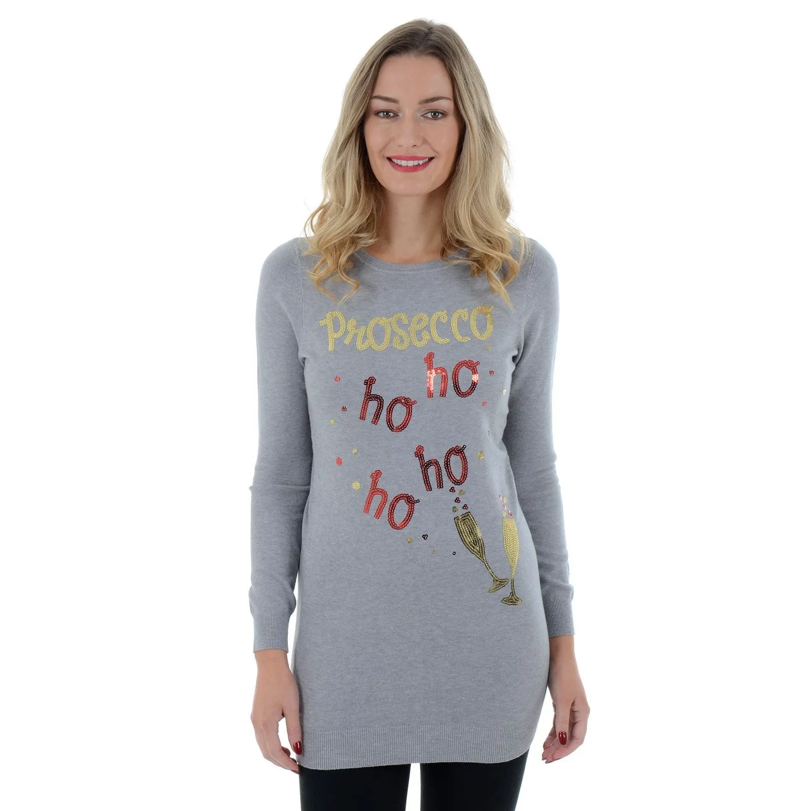 Womens Novelty Sequin Prosecco HO HO HO Tunic Christmas Jumper