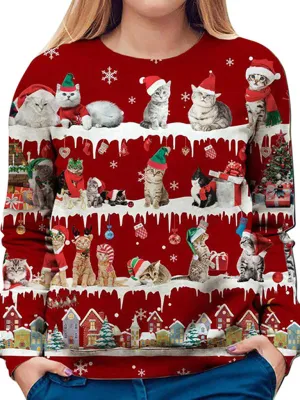 Women's Red Cat Themed Christmas Jumper