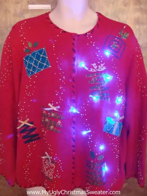 Zig Zag Plaid Gifts Light Up Ugly Xmas Sweater